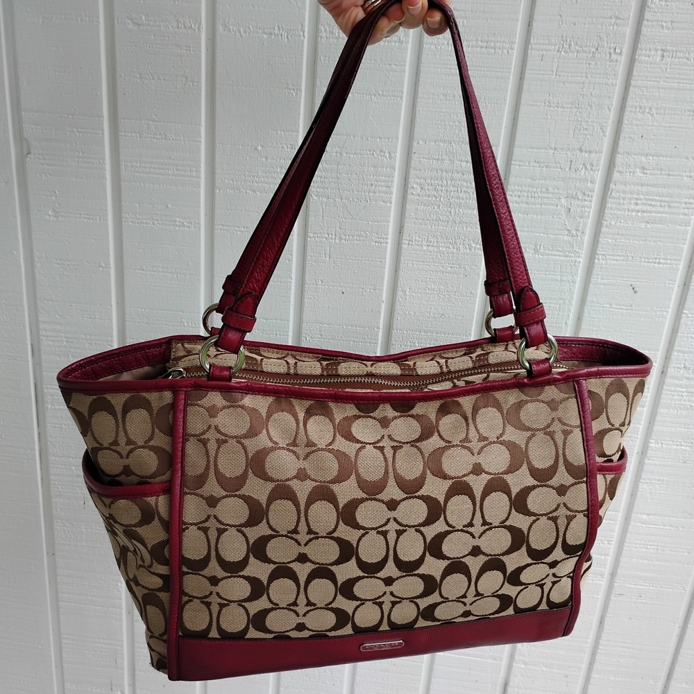 Coach Park Signature Carrie Tote Shoulder Bag Khaki Crimson Burgundy Large